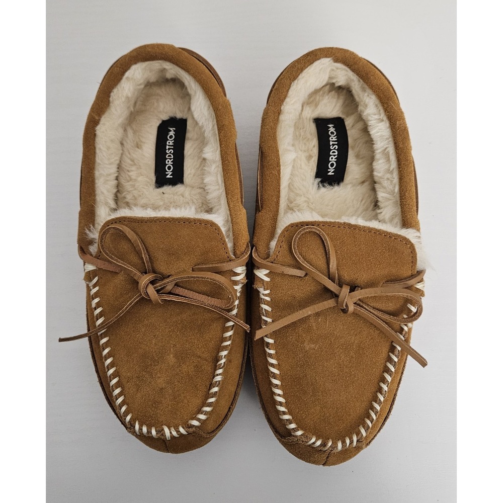 NWOT Nordstrom Men's Micah Suede Moccasin Slippers Faux Fur Lined Chestnut 7/8